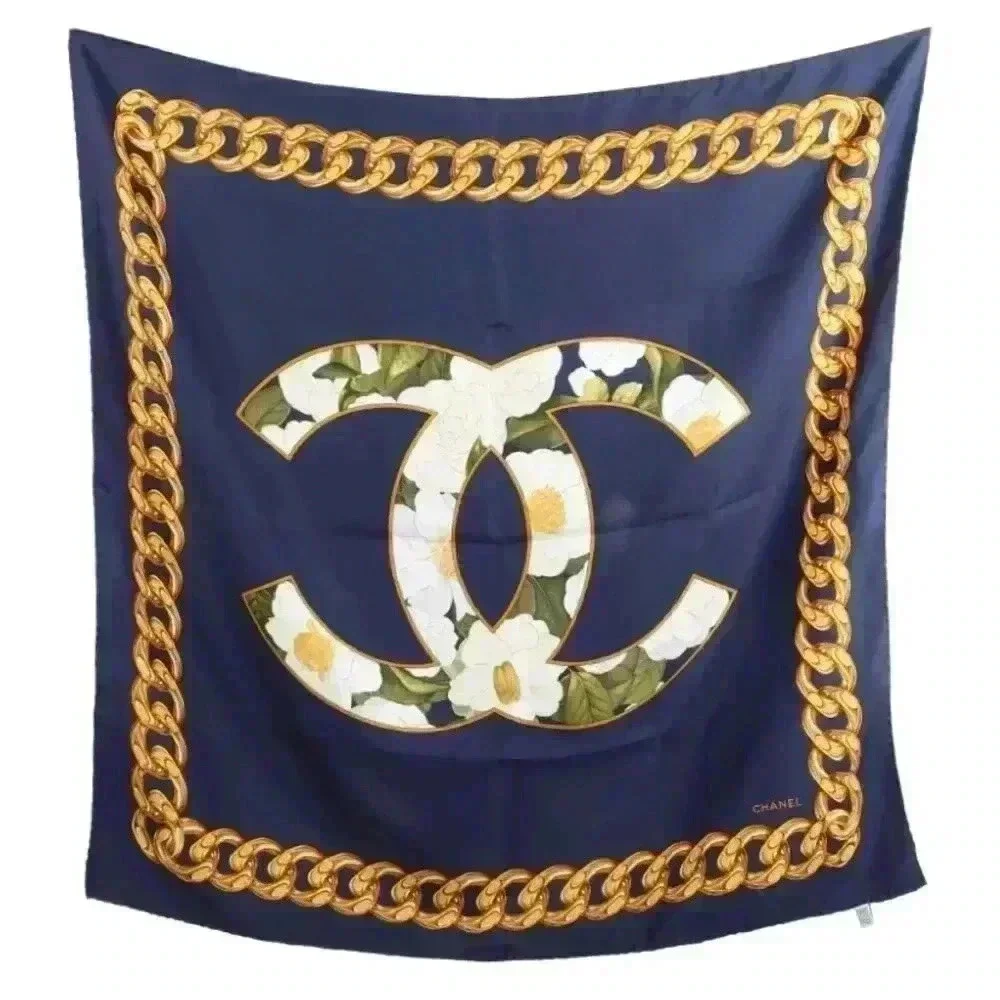 AUTHENTIC CHANEL SILK navy scarf logo chain camellia